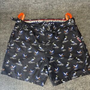 Superdry Pelican Print Swim Shorts Mens L Navy Blue Excellent Mesh‎ Lined Trunks